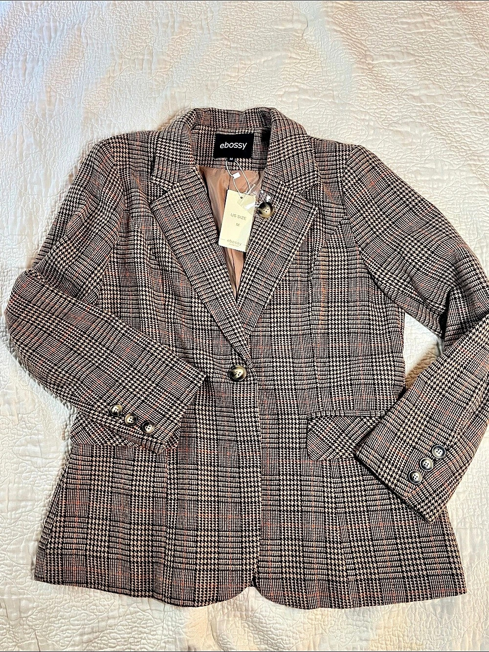 ebossy Women's Plaid Houndstooth Notch Lapel Blazer Jacket Brown & Black Medium